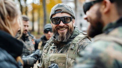 Fototapeta premium A group of soldiers in camouflage gear and sunglasses share a laugh outdoors, showcasing camaraderie and unity on a training exercise in a forested area.