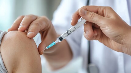 A healthcare professional administering a vaccination to a patient's arm using a syringe in a clinical setting.