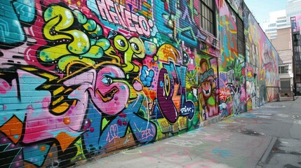 Naklejka premium Colorful Graffiti Wall in an Urban Alleyway