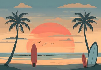 A serene beach scene at sunset with palm trees and surfboards. The sky is painted in warm hues of orange and pink, creating a tranquil and picturesque atmosphere. Perfect for a tropical getaway.