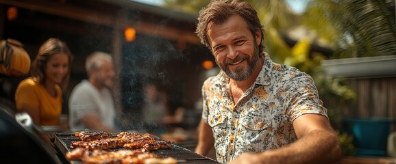 Happy Man Grilling Food for Friends and Family