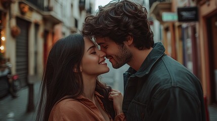 Naklejka premium joyful couple exchanging a tender kiss on a bustling city street, capturing the essence of romance and togetherness in a lively urban atmosphere
