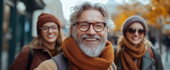 Fototapeta premium Happy Senior Man with Family in City Street