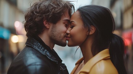 affectionate couple sharing a moment of love with a tender kiss on a city street, capturing the essence of romance and connection in an outdoor scene