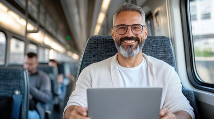 A joyful and middle-aged man with a gray beard is using a laptop on a train for remote work, symbolizing modern connectivity and digital lifestyle trends.