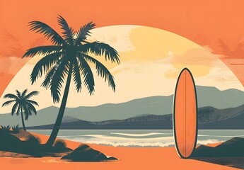 A serene beach scene at sunset with palm trees and surfboards. The sky is painted in warm hues of orange and pink, creating a tranquil and picturesque atmosphere. Perfect for a tropical getaway.