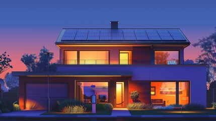 Obraz premium Modern House with Solar Panels at Dusk