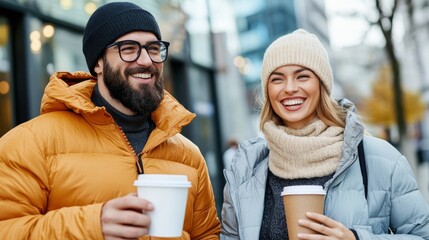A couple wearing winter coats, hats, and scarves, holding takeaway coffee cups outdoors, joyfully enjoying a crisp day, embodying warmth and companionship amidst the cold.