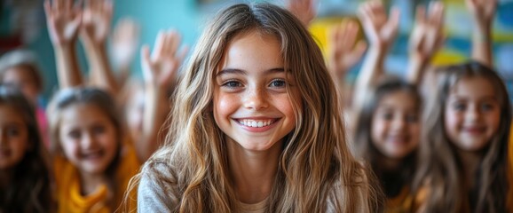 Fototapeta premium Happy School Girl With Raised Hands In Classroom