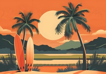 A serene beach scene at sunset with palm trees and surfboards. The sky is painted in warm hues of orange and pink, creating a tranquil and picturesque atmosphere. Perfect for a tropical getaway.