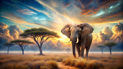 Naklejka premium Elephant walking on savannah, wild african animal