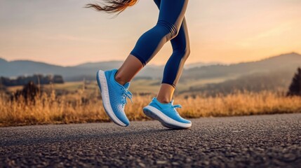 A woman running on the road, wearing leggings and sneakers with blue laces. The background is an open field with mountains in view. 