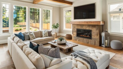 A cozy family room with a large sectional sofa, a fireplace, and a wall-mounted TV