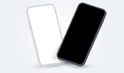 Mock up smartphones with white and black screen. Phone front view mockup on gray background. Mobile isolated with blank screen for display your ux,ui design, site, presentation, promo.