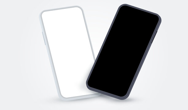 Mock up smartphones with white and black screen. Phone front view mockup on gray background. Mobile isolated with blank screen for display your ux,ui design, site, presentation, promo.