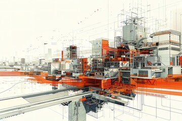 City buildings project, 3d wireframe print, design. Architecture, urban plan, real estate industry