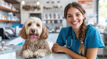 A cheerful veterinarian and a friendly Labradoodle pose together on a pet clinic counter, showcasing a caring professional and happy pet relationship in a clinical setting.