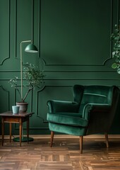 Elegant Interior Corner with Dark Green Wall, Velvet Armchair, and Plant Décor in Sunlight, Natural light filters in, casting soft shadows on the glossy wooden floor, creating a serene and inviting 