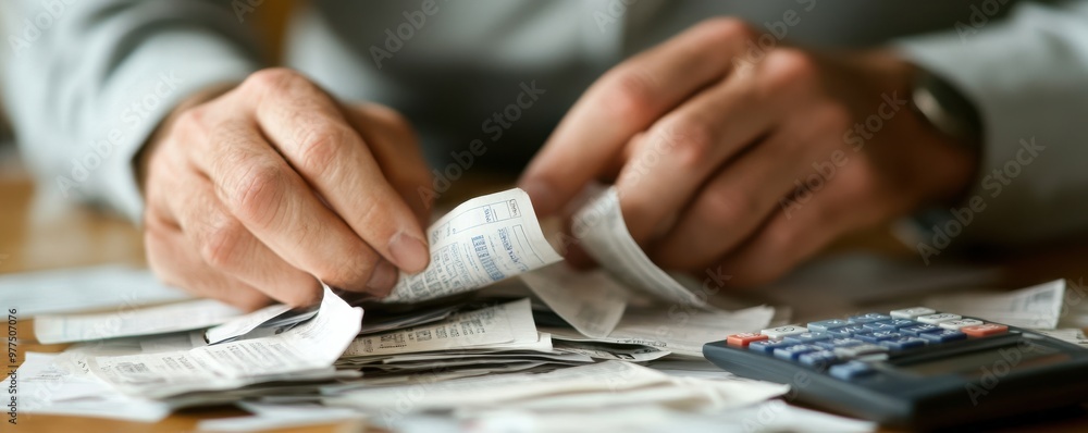 Aufkleber close-up shot of a man's hands sorting through financial documents and receipts with a calculator on