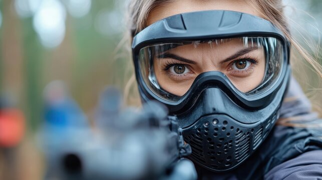 A focused individual aims a paintball gun while wearing protective goggles. The action takes place in an outdoor setting, emphasizing safety and competitive sports.