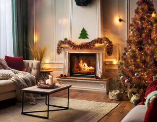 living room fireplace decorated festive garlands stockings