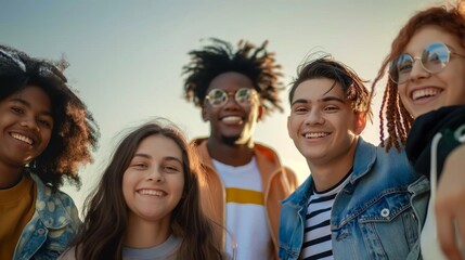 Fototapeta premium Group of Smiling Young Friends Outdoors at Sunset, Casual and Cheerful Vibes, concept of traveling, friendship, graduation trip, hiking and get together.