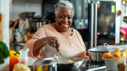 senior Black woman is smiling joyfully as she cooks in a bright, cozy kitchen, for warm, inviting ambiance, symbolizing happiness and warmth.