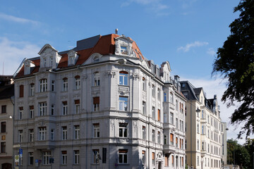 Simple, curved façade of a residential building in the historic centre of Augsburg