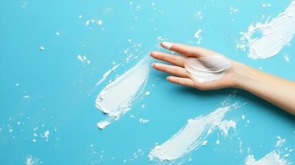 A hand spreading white cream on a bright blue surface with playful strokes in a creative setting