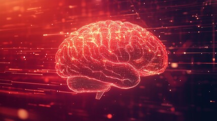 Fototapeta premium A futuristic hologram of a human brain, intricately designed with glowing digital lines and neural pathways. 