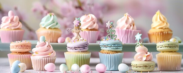 A festive Easter dessert spread featuring a variety of pastries including macarons and cupcakes decorated with pastel frosting and edible spring-themed toppers