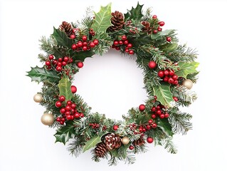 Christmas wreath with mist-letoe and berries, isolated on white background.