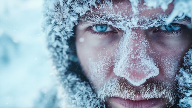 A man&rsquo;s face covered in snow, with frost and ice forming on his facial hair and eyebrows. His entire face is shielded by a layer of icy frost, with visible breath misting in the cold air. 