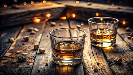 Two worn, empty whiskey glasses sit abandoned on a rustic wooden table, surrounded by faint whiskey rings and a hint of dim, warm evening ambiance.