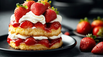 Close-up of a strawberry shortcake with layers of yellow sponge cake, whipped cream, strawberry slices, and whole strawberries on top, placed on a black plate.