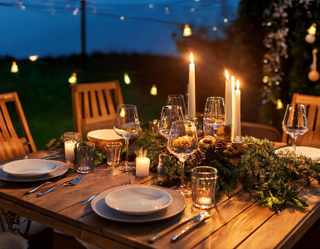 outdoor christmas dining setup fairy lights lanterns