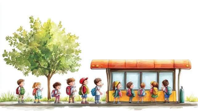 scene of cheerful kids gathered at the school bus stop, highlighting their playful energy and excitement while waiting for transportation to school