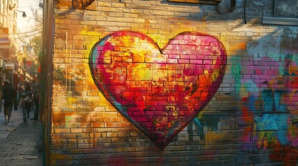Fototapeta premium A colorful heart mural on a weathered wall contrasts urban life, inviting reflection on love.