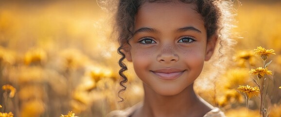 Fototapeta premium Happy Little Girl in a Field of Yellow Flowers