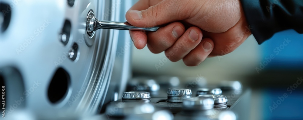 Aufkleber macro shot of a mechanic using a wrench to tighten bolts on a shiny metallic surface, emphasizing pr