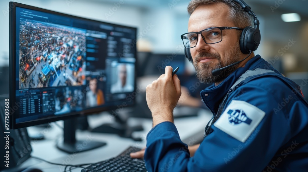 Poster a man in a blue uniform wearing a headset is diligently working at a computer desk filled with multi