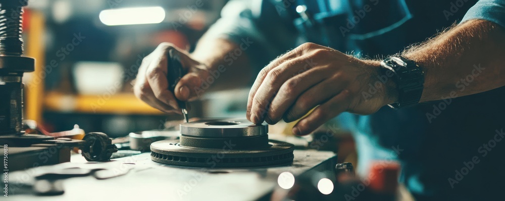 Poster macro shot of a mechanic's hands carefully positioning a component on a car brake disc in a workshop