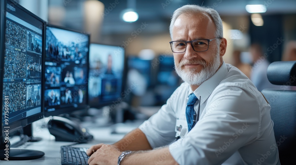 Poster an older man in a white shirt and tie, concentrating on data analysis, sits at a desk with multiple 
