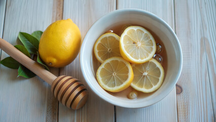Cup of Lemon Water with Honey and Ginger on Wooden Table