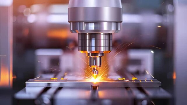 A precision machining process is depicted, showcasing a tool cutting metal with sparks flying.