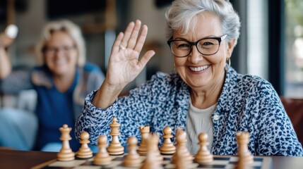 A joyful elderly woman with glasses waves at the camera, sitting near a chess board, suggesting leisure and intellectual engagement.