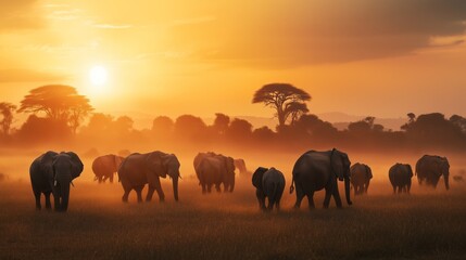 Fototapeta premium herd of elephants is walking across the savanna at sunset