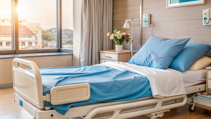 Hospital bed with blue linens in sunlit room with large windows and medical equipment