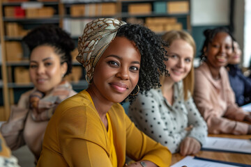 Four women wearing scarves and smiling for the camera.,