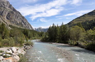 The Dora di Ferret in the Ferret Valley, a stream fed by the melting waters of the Pr&eacute; de Bar glacier in the Aosta Valley, Italy.